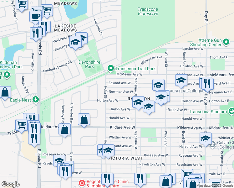 map of restaurants, bars, coffee shops, grocery stores, and more near 438 Newman Avenue West in Winnipeg