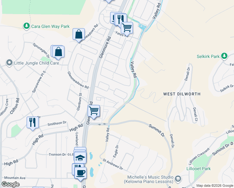 map of restaurants, bars, coffee shops, grocery stores, and more near 680 Valley Road in Kelowna