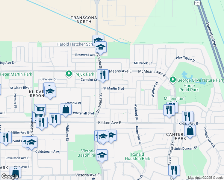 map of restaurants, bars, coffee shops, grocery stores, and more near 220 Saint Martin Boulevard in Winnipeg