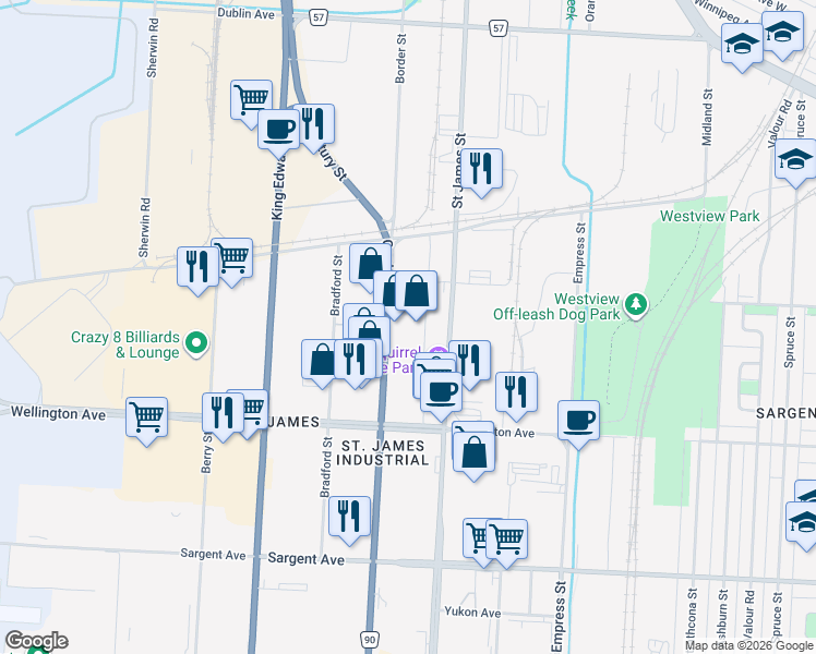 map of restaurants, bars, coffee shops, grocery stores, and more near 891 Century Street in Winnipeg