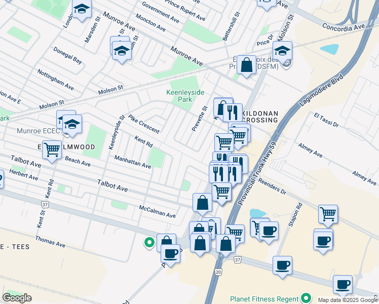 map of restaurants, bars, coffee shops, grocery stores, and more near 97 George Suttie Bay in Winnipeg