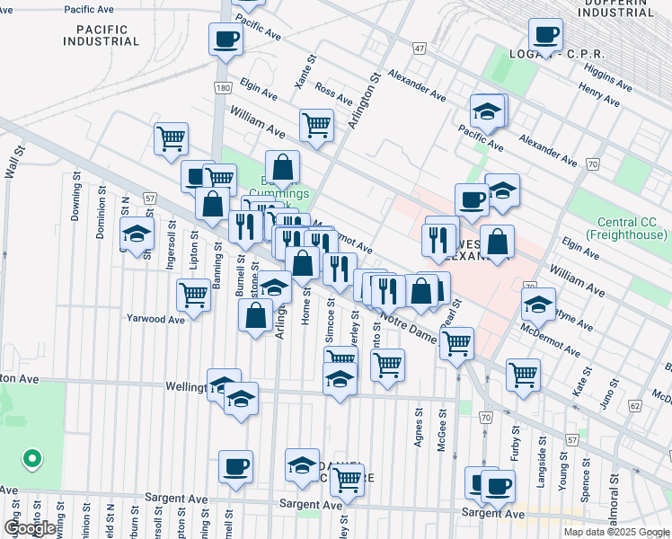 map of restaurants, bars, coffee shops, grocery stores, and more near in Winnipeg