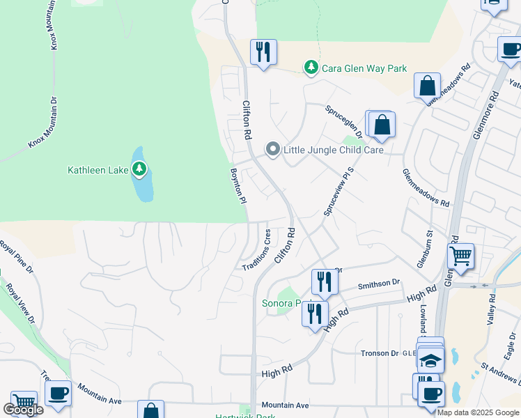 map of restaurants, bars, coffee shops, grocery stores, and more near 707 Boynton Place in Kelowna