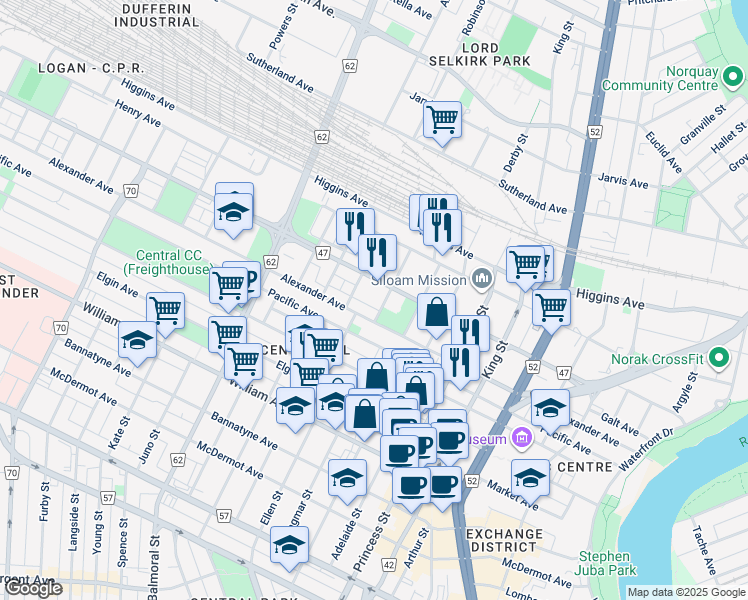 map of restaurants, bars, coffee shops, grocery stores, and more near 260 Fountain Street in Winnipeg