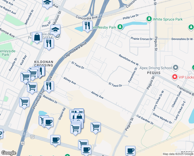 map of restaurants, bars, coffee shops, grocery stores, and more near 217 El Tassi Drive in Winnipeg