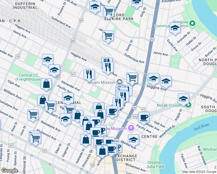 map of restaurants, bars, coffee shops, grocery stores, and more near 324 Lizzie Street in Winnipeg