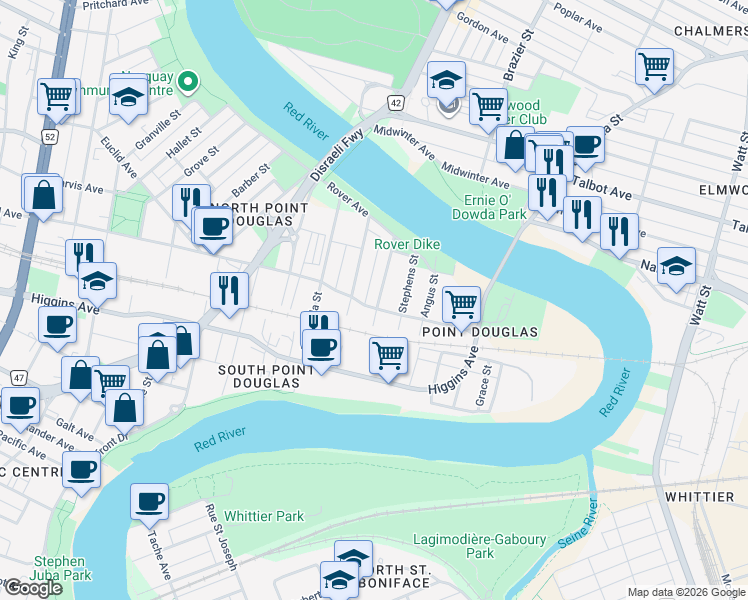 map of restaurants, bars, coffee shops, grocery stores, and more near 132 Syndicate Street in Winnipeg