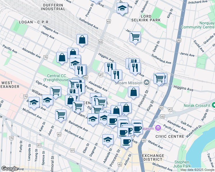 map of restaurants, bars, coffee shops, grocery stores, and more near 256 Ellen Street in Winnipeg