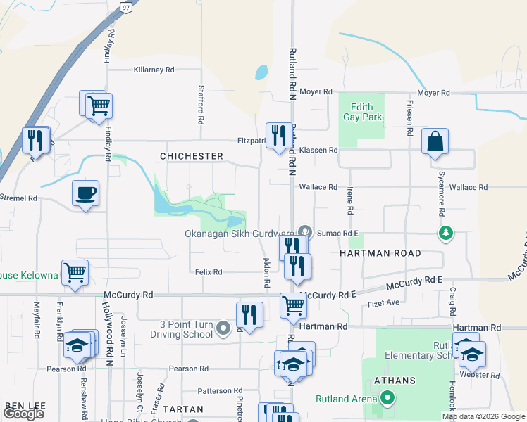 map of restaurants, bars, coffee shops, grocery stores, and more near 1265 Aldon Road in Kelowna