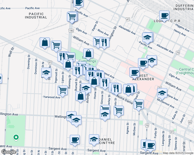 map of restaurants, bars, coffee shops, grocery stores, and more near Winnipeg Avenue in Winnipeg