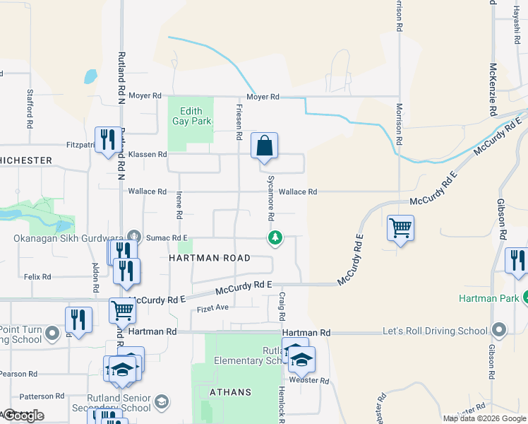 map of restaurants, bars, coffee shops, grocery stores, and more near 1220 Sycamore Road in Kelowna