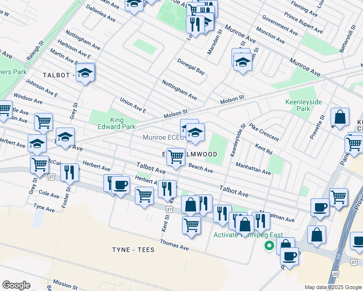 map of restaurants, bars, coffee shops, grocery stores, and more near 871 Manhattan Avenue in Winnipeg