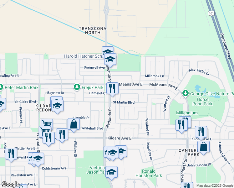 map of restaurants, bars, coffee shops, grocery stores, and more near 19 Tunbridge Bay in Winnipeg