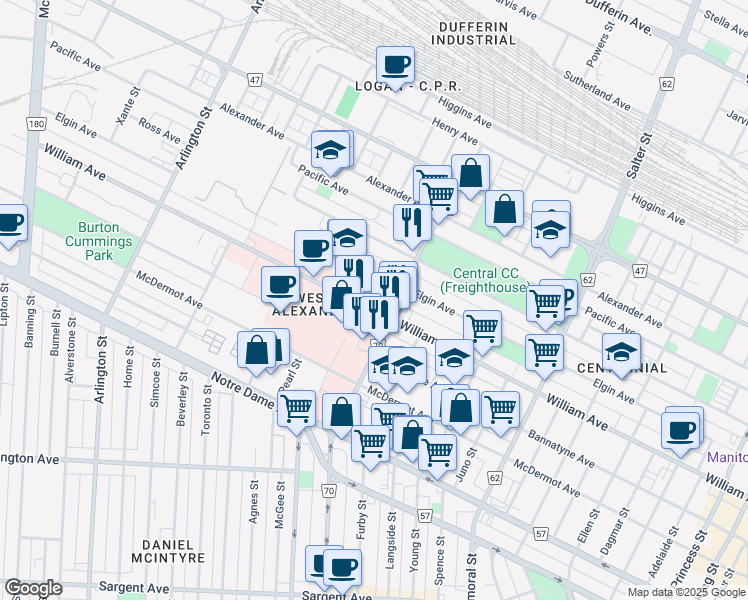 map of restaurants, bars, coffee shops, grocery stores, and more near 671 William Avenue in Winnipeg