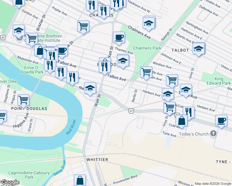 map of restaurants, bars, coffee shops, grocery stores, and more near 87 Elmwood Road in Winnipeg