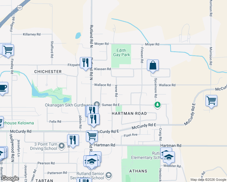 map of restaurants, bars, coffee shops, grocery stores, and more near 1250 Irene Road in Kelowna