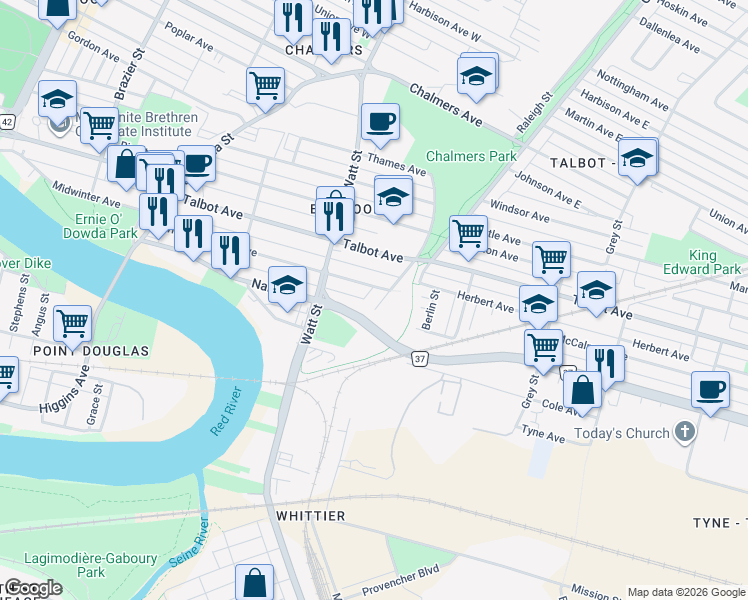 map of restaurants, bars, coffee shops, grocery stores, and more near in Winnipeg