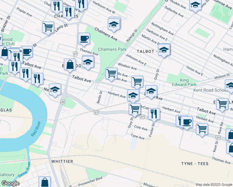 map of restaurants, bars, coffee shops, grocery stores, and more near 603 Herbert Avenue in Winnipeg
