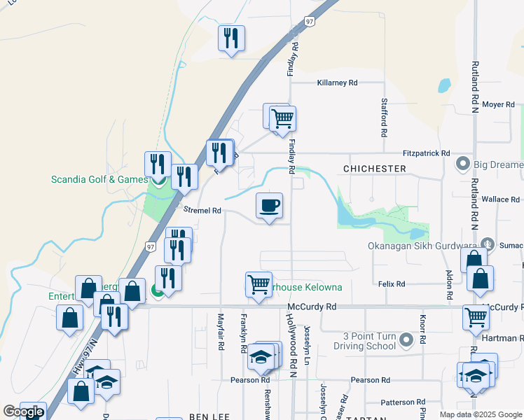 map of restaurants, bars, coffee shops, grocery stores, and more near 730 Stremel Road in Kelowna