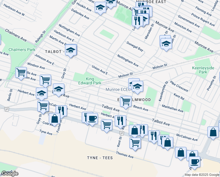 map of restaurants, bars, coffee shops, grocery stores, and more near 803 Manhattan Avenue in Winnipeg