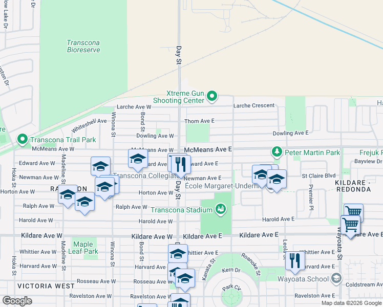 map of restaurants, bars, coffee shops, grocery stores, and more near 112 McMeans Avenue East in Winnipeg