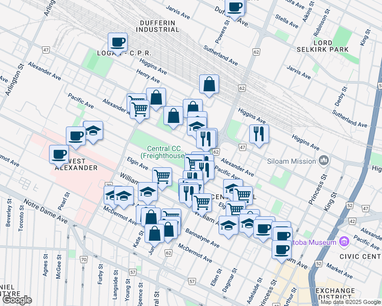 map of restaurants, bars, coffee shops, grocery stores, and more near 539 Pacific Avenue in Winnipeg
