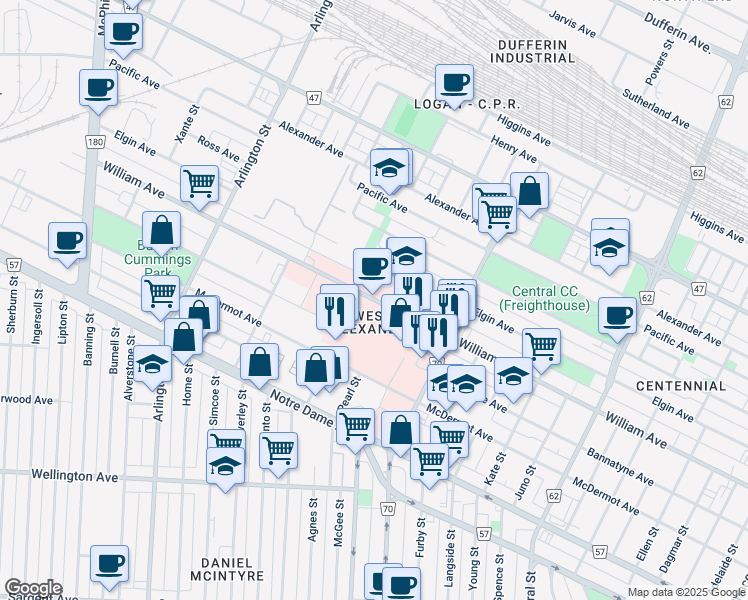 map of restaurants, bars, coffee shops, grocery stores, and more near 700 William Avenue in Winnipeg