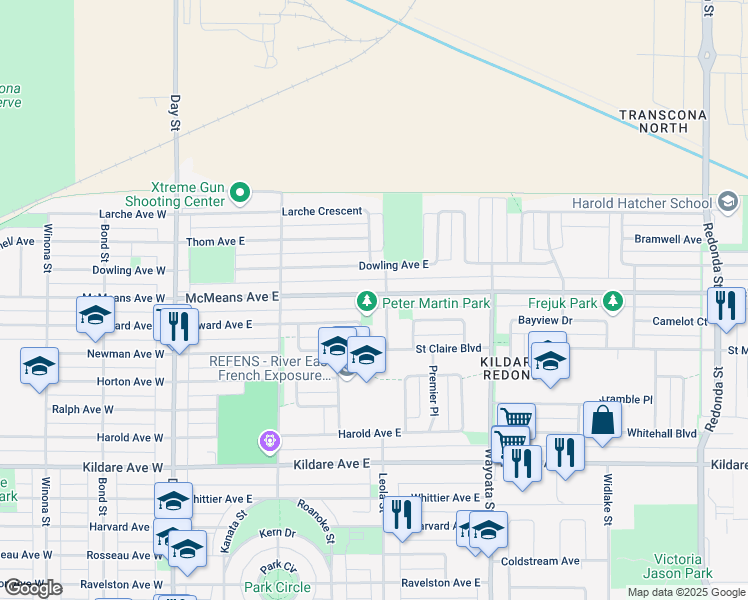map of restaurants, bars, coffee shops, grocery stores, and more near 374 McMeans Avenue East in Winnipeg