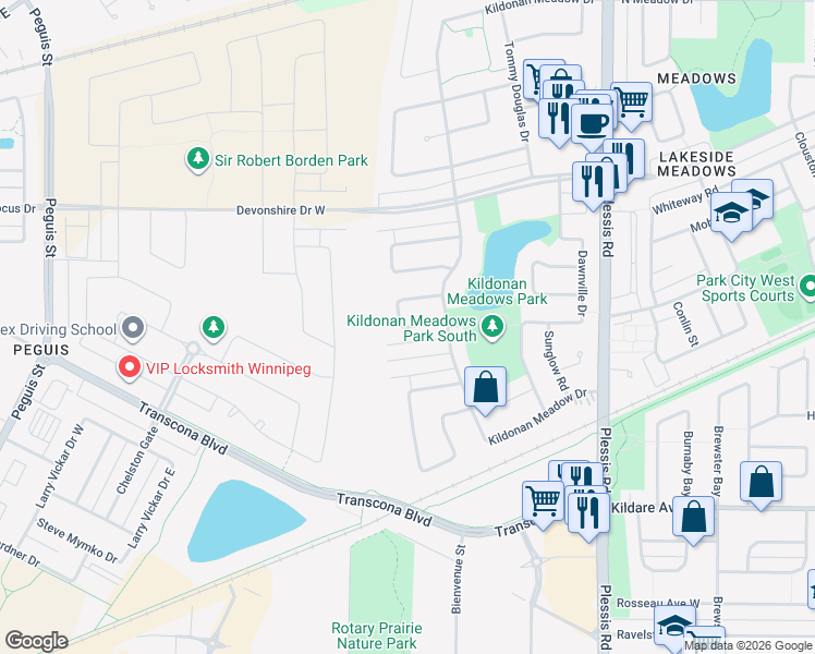 map of restaurants, bars, coffee shops, grocery stores, and more near Sand Point Bay in Winnipeg