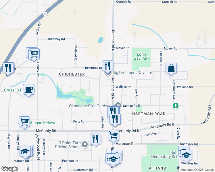 map of restaurants, bars, coffee shops, grocery stores, and more near 1265 Aldon Road in Kelowna