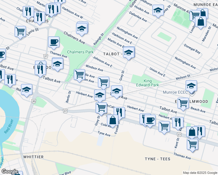 map of restaurants, bars, coffee shops, grocery stores, and more near in Winnipeg
