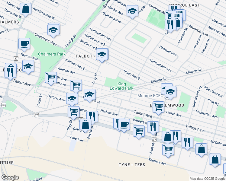 map of restaurants, bars, coffee shops, grocery stores, and more near 712 Manhattan Avenue in Winnipeg