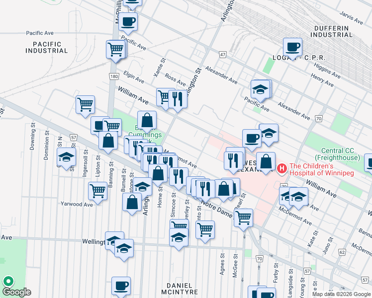 map of restaurants, bars, coffee shops, grocery stores, and more near 852 Bannatyne Avenue in Winnipeg