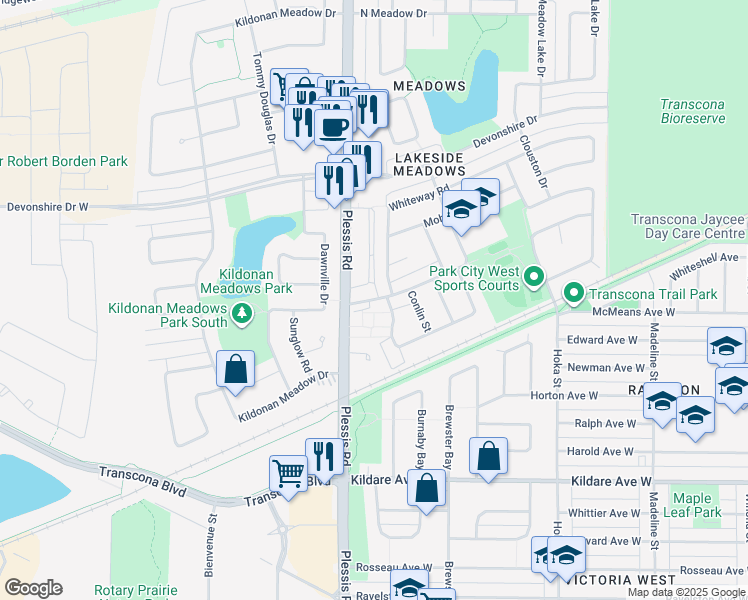 map of restaurants, bars, coffee shops, grocery stores, and more near 0 Sanford Fleming Road in Winnipeg