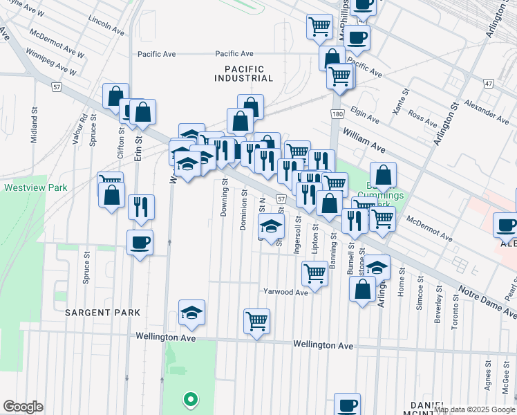 map of restaurants, bars, coffee shops, grocery stores, and more near 1196 Garfield Street North in Winnipeg