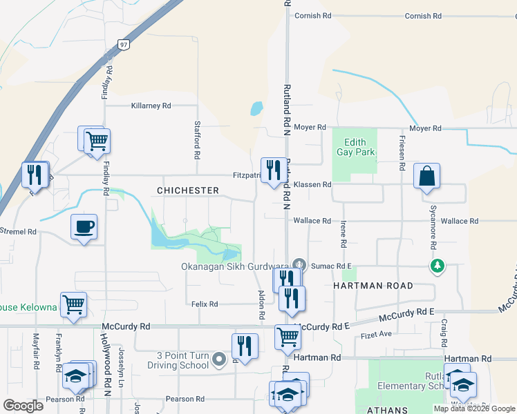 map of restaurants, bars, coffee shops, grocery stores, and more near 1370 Rutland Road North in Kelowna