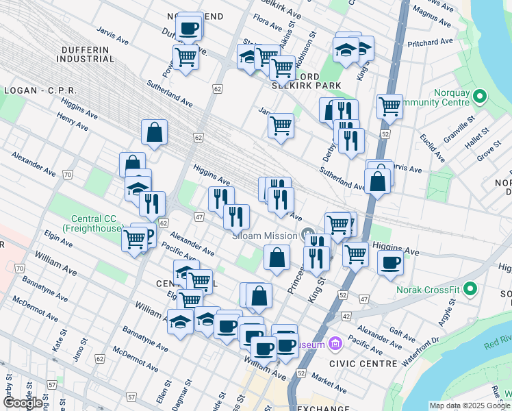 map of restaurants, bars, coffee shops, grocery stores, and more near 324 Lizzie Street in Winnipeg