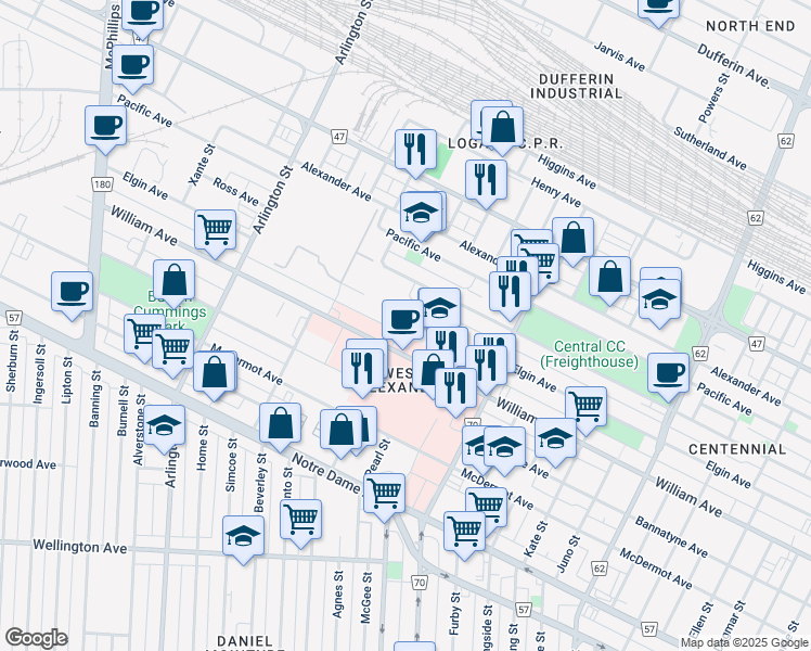 map of restaurants, bars, coffee shops, grocery stores, and more near 747-819 Elgin Avenue in Winnipeg