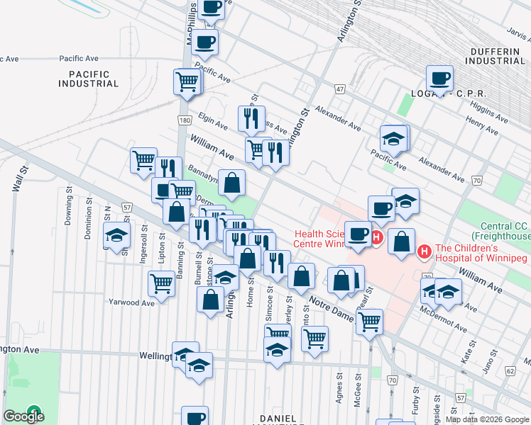 map of restaurants, bars, coffee shops, grocery stores, and more near in Winnipeg