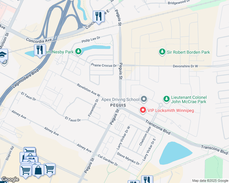 map of restaurants, bars, coffee shops, grocery stores, and more near 328 Peguis Street in Winnipeg