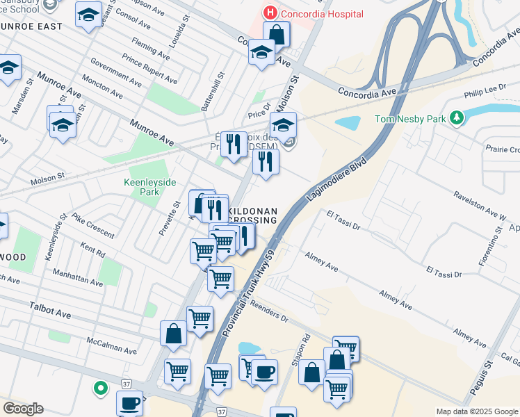 map of restaurants, bars, coffee shops, grocery stores, and more near 775 Panet Road in Winnipeg