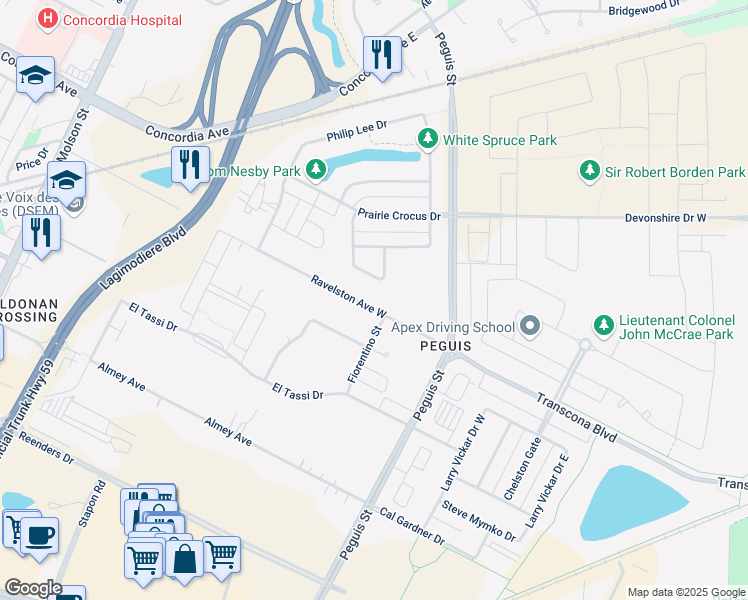 map of restaurants, bars, coffee shops, grocery stores, and more near in Winnipeg