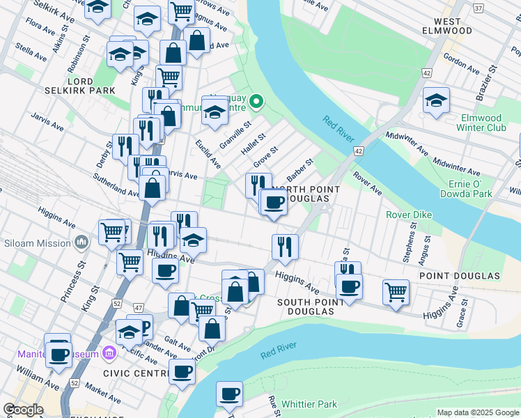 map of restaurants, bars, coffee shops, grocery stores, and more near 63 Euclid Avenue in Winnipeg