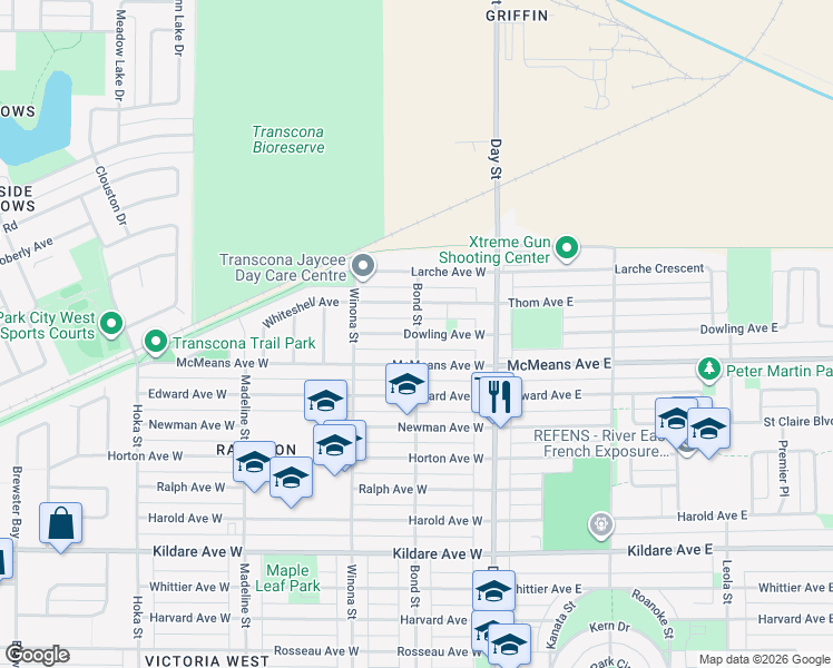 map of restaurants, bars, coffee shops, grocery stores, and more near Dowling Avenue West in Winnipeg
