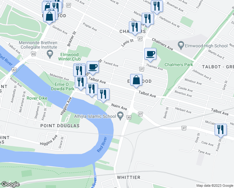 map of restaurants, bars, coffee shops, grocery stores, and more near 415 William Newton Avenue in Winnipeg