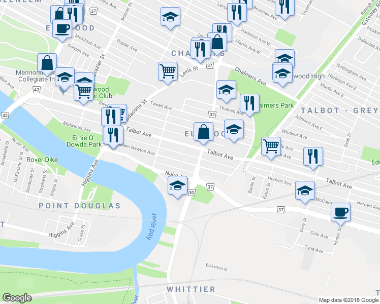map of restaurants, bars, coffee shops, grocery stores, and more near 436 Talbot Avenue in Winnipeg