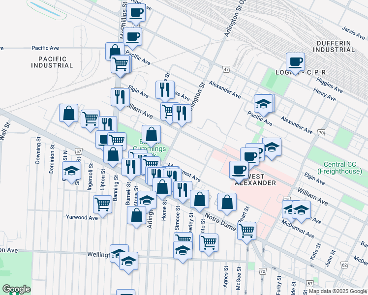 map of restaurants, bars, coffee shops, grocery stores, and more near in Winnipeg