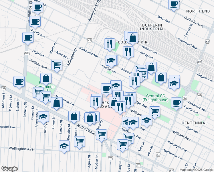 map of restaurants, bars, coffee shops, grocery stores, and more near 747 Elgin Avenue in Winnipeg