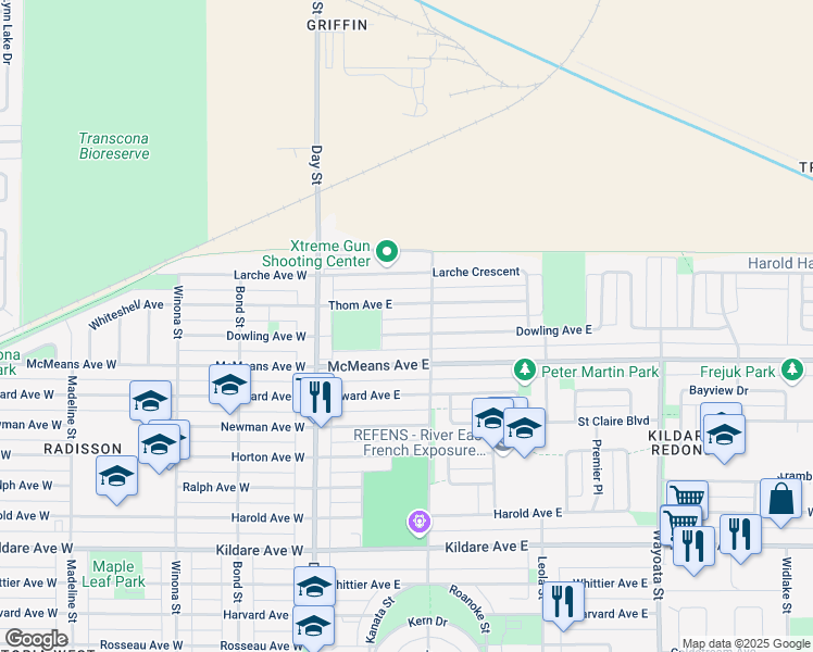map of restaurants, bars, coffee shops, grocery stores, and more near 151 Dowling Avenue East in Winnipeg