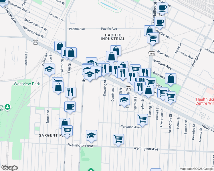 map of restaurants, bars, coffee shops, grocery stores, and more near 1343 Downing Street in Winnipeg
